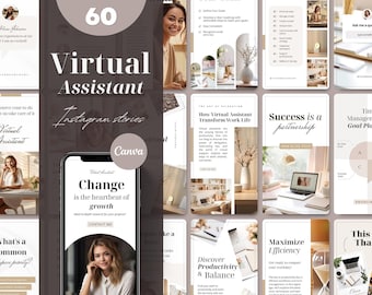 Peut inclure: Un ensemble de modèles d'histoires Instagram conçus pour les assistants virtuels. Les modèles présentent une palette de couleurs neutres beige, blanc et marron. Le texte sur les modèles comprend des phrases telles que "Le changement est le cœur de la croissance", "Le succès est un partenariat" et "Maximiser l'efficacité".