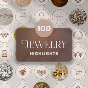 Capas de destaque de histórias do Instagram de joias em Canva. Ícones de produtos bege neutros. Imagens e títulos de marca para mídias sociais de empresas de joias.