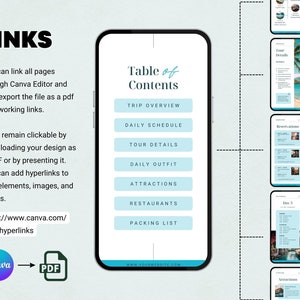 May include: A smartphone screen displaying a table of contents for a travel itinerary. The table of contents includes sections for trip overview, daily schedule, tour details, daily outfit, attractions, restaurants, and packing list. The screen is surrounded by a white background.