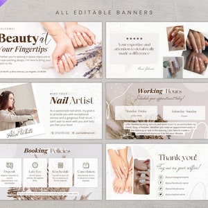 May include: A set of editable banners for a nail artist, featuring text like "Beauty at Your Fingertips" and "Meet Your Nail Artist." The design includes images of manicured hands, nail art, and booking policies, with a neutral color palette.