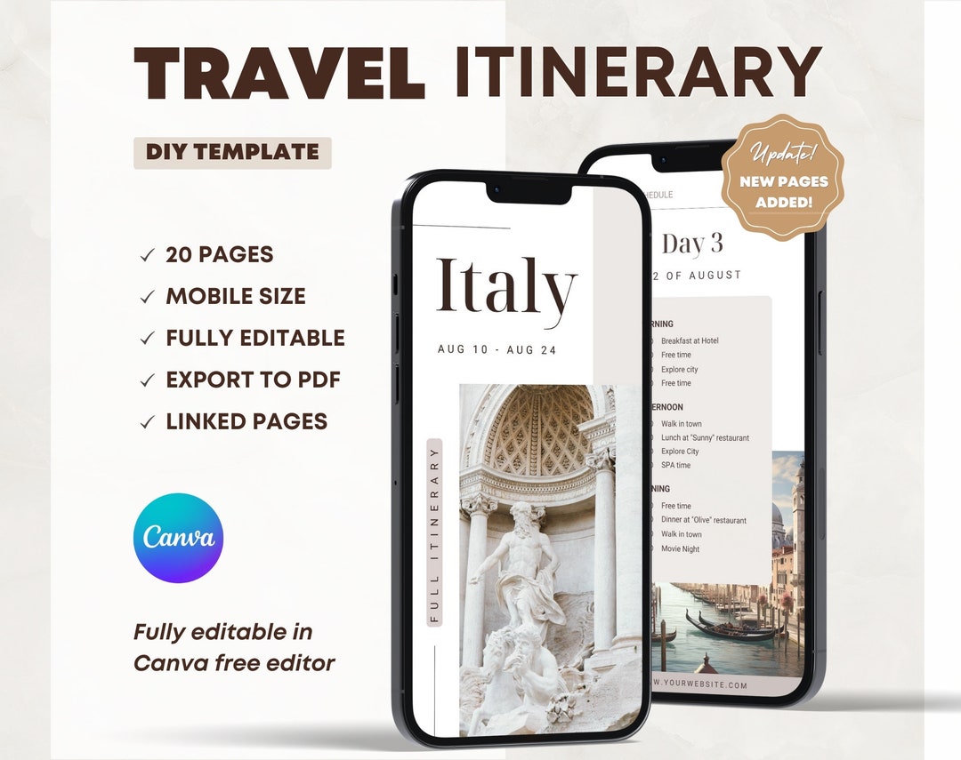 Mobile Travel Itinerary Template: Editable Canva Planner (digital ...