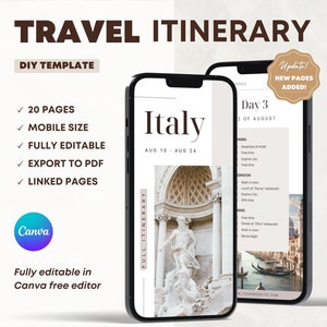 Travel Itinerary Mobile Template. Digital Editable Travel Planner. Canva Trip Organizer. Traveling Guide. Travel Agent Vacation Checklist