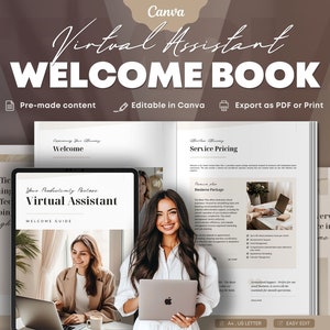 Puede incluir: Un libro de bienvenida para asistentes virtuales con un esquema de color marrón y blanco. La portada presenta a una mujer sonriendo y sosteniendo una computadora portátil. El texto en la portada dice "Virtual Assistant Welcome Book".