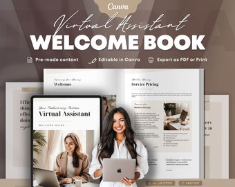 Peut inclure: Un livre de bienvenue pour les assistants virtuels avec un schéma de couleurs brun et blanc. La couverture présente une femme souriante tenant un ordinateur portable. Le texte sur la couverture est "Virtual Assistant Welcome Book".