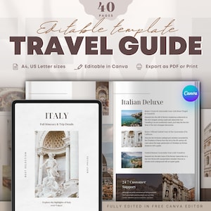 Travel Itinerary Ebook Template Editable in Canva. Trip Brochure Lead magnet for Travel Agency and Agent. Neutral Color Travel Magazine