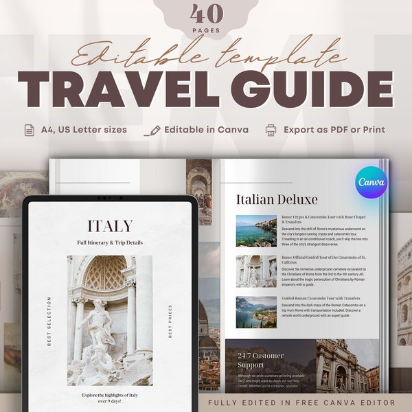 Modello per ebook con itinerario di viaggio modificabile in Canva. Brochure di viaggio Lead magnet per agenzie di viaggio e agenti. Rivista di viaggi a colori neutri