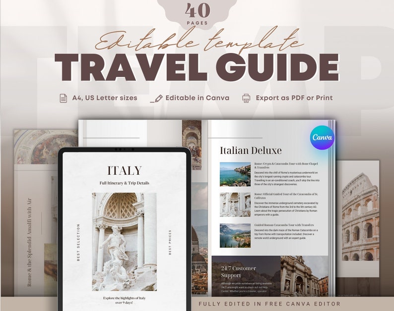 Editable Travel Itinerary Ebook Template in Canva: Create Stunning Trip Brochures for Travel Agencies and Agents. Neutral Color Travel Magazine as an Engaging Lead Magnet.