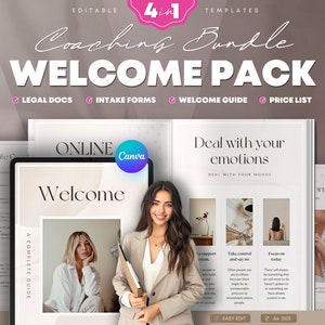 May include: A coaching bundle welcome pack with four templates: legal documents, intake forms, a welcome guide, and a price list. The templates are designed for online coaches and feature a minimalist aesthetic with a neutral colour palette.