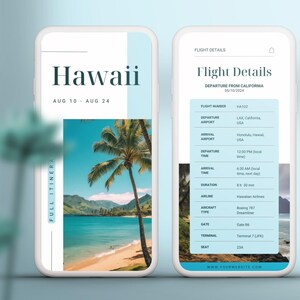 May include: A mobile phone screen displaying a travel itinerary for a trip to Hawaii from August 10th to August 24th. The itinerary includes flight details for a Hawaiian Airlines flight from LAX to Honolulu, departing at 12:00 PM and arriving at 6:30 AM the next day. The flight number is HA102, the aircraft type is a Boeing 787 Dreamliner, and the gate is 86. The terminal is Terminal 7 (JFK) and the seat is 23A.