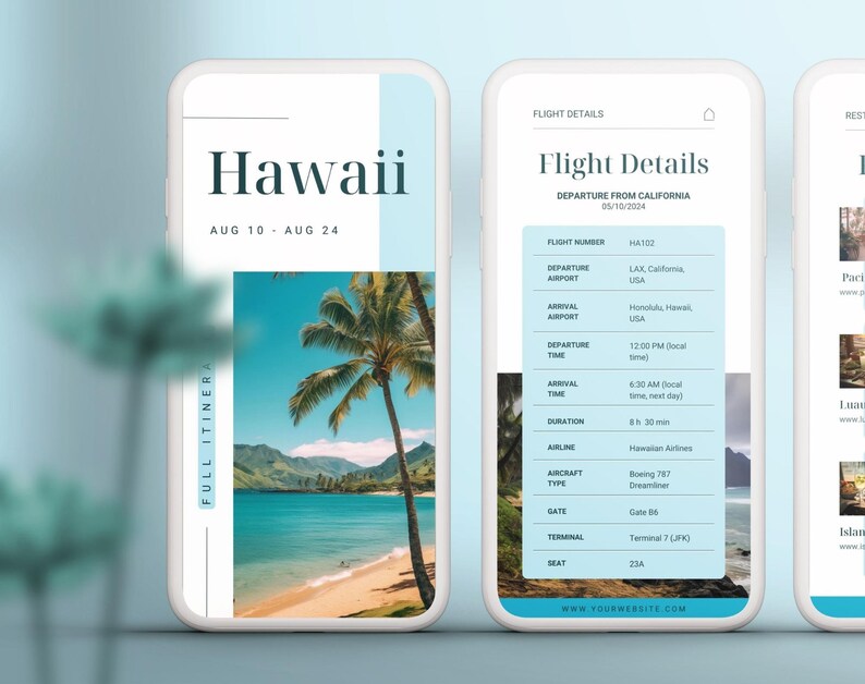 May include: A mobile phone screen displaying a travel itinerary for a trip to Hawaii from August 10th to August 24th. The itinerary includes flight details for a Hawaiian Airlines flight from LAX to Honolulu, departing at 12:00 PM and arriving at 6:30 AM the next day. The flight number is HA102, the aircraft type is a Boeing 787 Dreamliner, and the gate is 86. The terminal is Terminal 7 (JFK) and the seat is 23A.