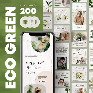 3in1 Eco Green Instagram Template Bundle. Sage Green Story & Posts Canva Designs. Light Skincare Social Media Feed. Nature Plants IG Pack