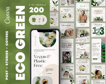 3in1 Eco Green Instagram Template Bundle. Sage Green Story & Posts Canva Designs. Light Skincare Social Media Feed. Nature Plants IG Pack