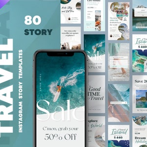 80 Travel Instagram Story Templates in Canva. Social Media Marketing for Travel Agency, Travel Agent Deals, Blogger. IG Blue Branding Feed