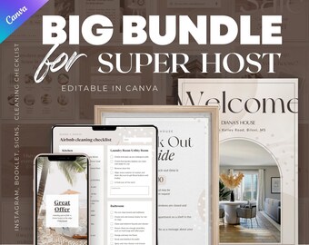 May include: A promotional image for a Canva template bundle for Super Hosts. The image features a phone, tablet, and framed print with the words "Welcome" and "Big Bundle for Super Host". The bundle includes cleaning checklists and Instagram templates.