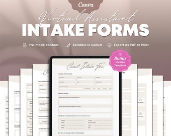 May include: A set of printable virtual assistant intake forms in a light brown and white colour scheme. The forms are designed to be used by virtual assistants to gather information from their clients. The forms include sections for basic information, company information, business details, preferred contact methods, preferred time zones, and more. The forms are editable in Canva and can be exported as a PDF or printed. A bonus invoice template is also included.