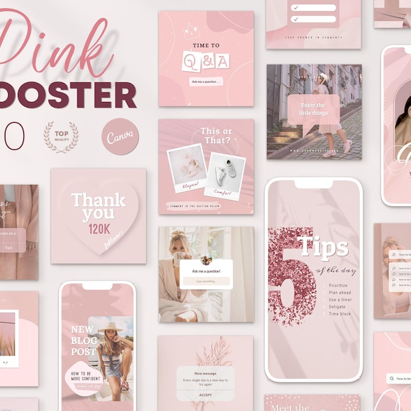 Dusty pink Instagram Engagement template bundle. Editable post & story designs for girl business. Rose Gold fashion, beauty IG branding.