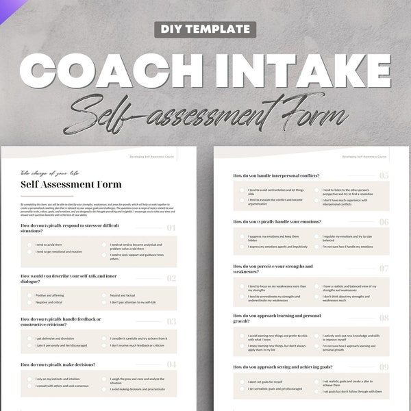 Welcome Client Intake Form Coaching Template editable in Canva. Self-Assessment Questionnaire to Start Coach Course Session Pre Made Content