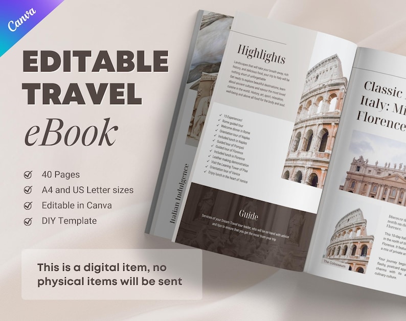 Travel Itinerary Ebook Template Editable in Canva. Trip Brochure Lead magnet for Travel Agency and Agent. Neutral Color Travel Magazine image 2