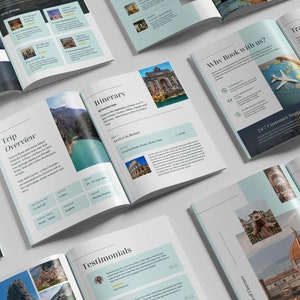 May include: A travel brochure with a blue and white color scheme. The brochure features images of Italy, including the Trevi Fountain, the Colosseum, and the Duomo in Florence. The brochure also includes text about the trip overview, itinerary, testimonials, and why to book with them.