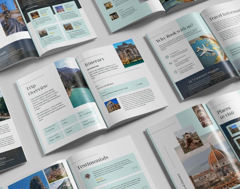 May include: A travel brochure with a blue and white color scheme. The brochure features images of Italy, including the Trevi Fountain, the Colosseum, and the Duomo in Florence. The brochure also includes text about the trip overview, itinerary, testimonials, and why to book with them.