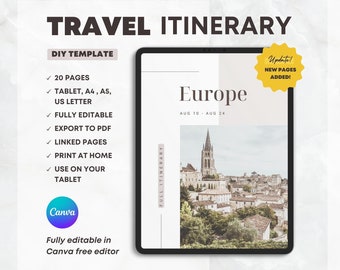 Canva Travel Itinerary Template, Tablet & Print Sizes (Digital Download)