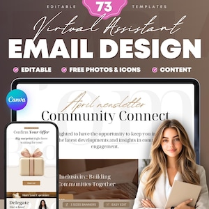 May include: A mockup of an email newsletter template with the text "April newsletter Community Connect" and a woman with long blonde hair wearing a beige blazer and holding a white notebook. The email template includes a section with the text "Confirm Your Offer" and a gift box graphic, and another section with the text "Inclusivity: Building Communities Together".
