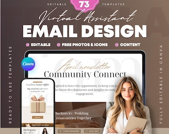 May include: A mockup of an email newsletter template with the text "April newsletter Community Connect" and a woman with long blonde hair wearing a beige blazer and holding a white notebook. The email template includes a section with the text "Confirm Your Offer" and a gift box graphic, and another section with the text "Inclusivity: Building Communities Together".