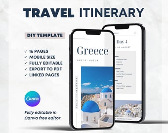 Greece Travel Itinerary Template: Mobile Trip Planner (Canva Editable)