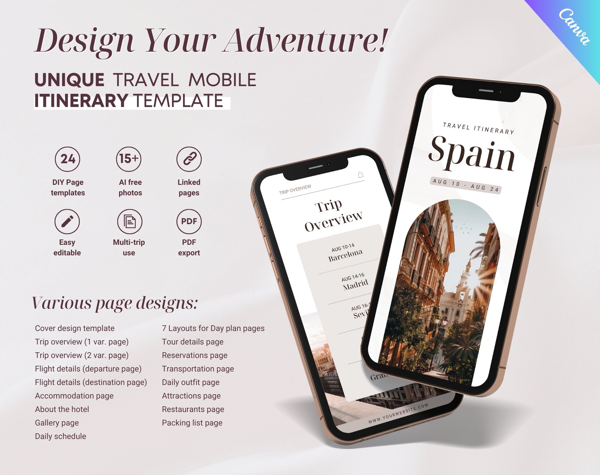 Mobile Travel Itinerary Template: Editable Canva Planner (24 Pages) - Etsy