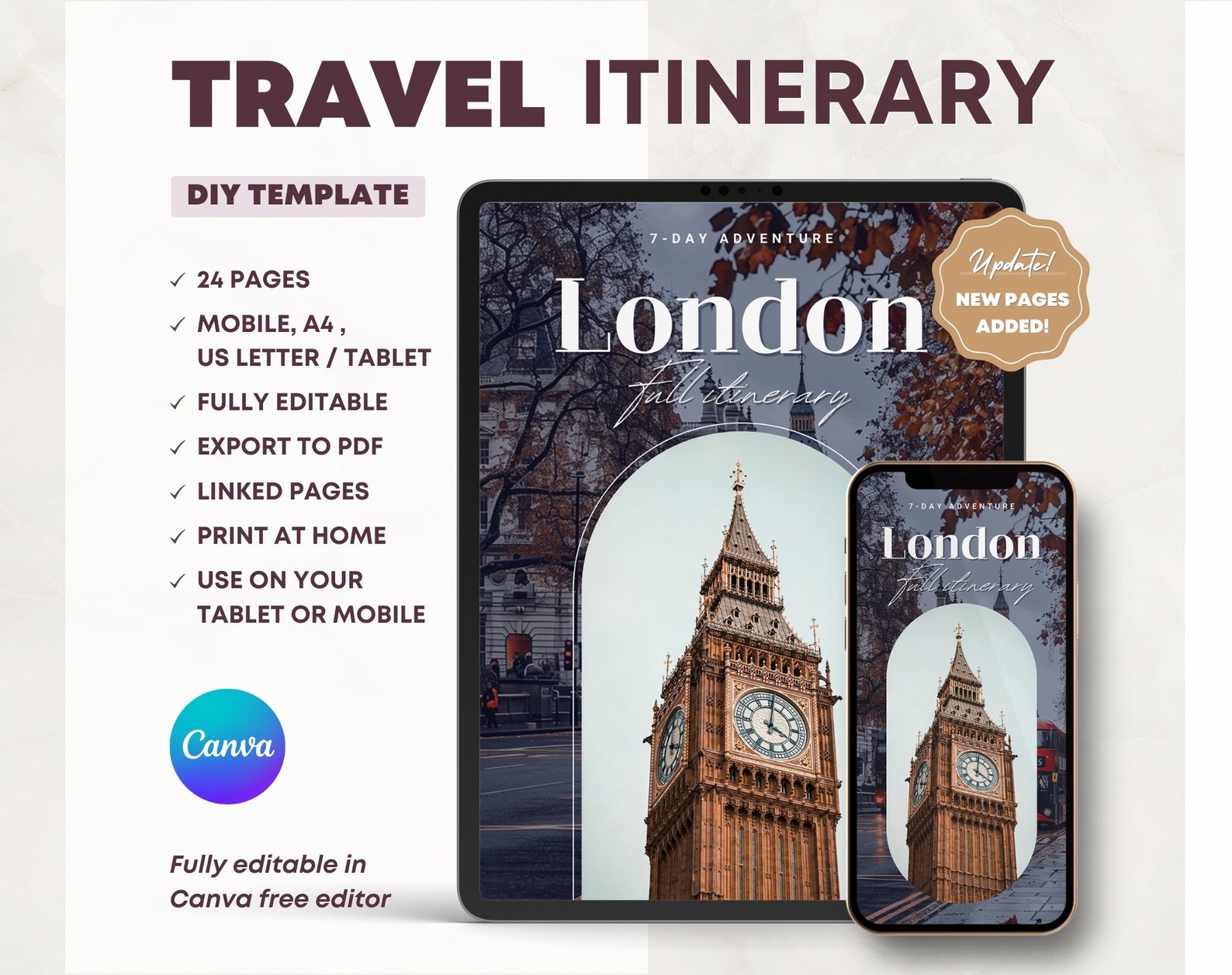 London Travel Itinerary Template. 7 Days Tour Digital Planner. Mobile ...