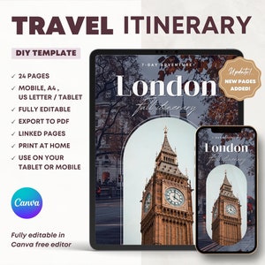 Modelo de itinerário de viagem em Londres. Planejador digital de tour de 7 dias. Guia de férias editável do Mobile Canva. Organizador pessoal de férias para impressão.