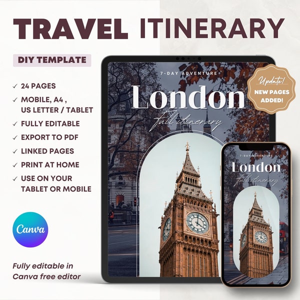 Modèle d'itinéraire de voyage à Londres. Agenda numérique de visite de 7 jours. Guide de vacances modifiable sur Mobile Canvas. Organisateur personnel de vacances imprimable.