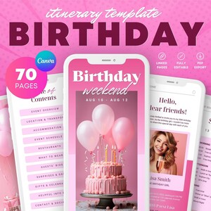 Peut inclure: Un modèle d'itinéraire de week-end d'anniversaire rose et blanc avec 70 pages. Le modèle comprend une table des matières, un aperçu de l'événement, la localisation et le transport, l'hébergement, l'horaire des événements, les restaurants, quoi porter, les biographies des invités, les surprises et les jeux, les cadeaux et les célébrations, des informations utiles et les coordonnées et les médias sociaux. Le modèle comprend également une page de bienvenue avec un gâteau rose et des ballons.