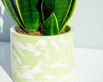 Handmade Jesmonite Sage Green And White Marble Plant Pot Design - Eco Resin Handmade Planter