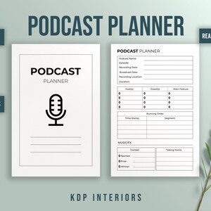 May include: A black and white printable podcast planner with 120 pages. The planner includes sections for podcast name, episode, recording date, broadcast date, recording location, duration, hosts, guests, main features, time stamp, running order, segment, music/fx, contest, sponsor, prize, winner, and talking points.