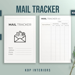 Puede incluir: Un rastreador de correo imprimible con un icono de sobre en blanco y negro. El rastreador tiene secciones para nombres, notas, correo entrante y correo saliente. El rastreador está listo para usar y tiene 120 páginas.