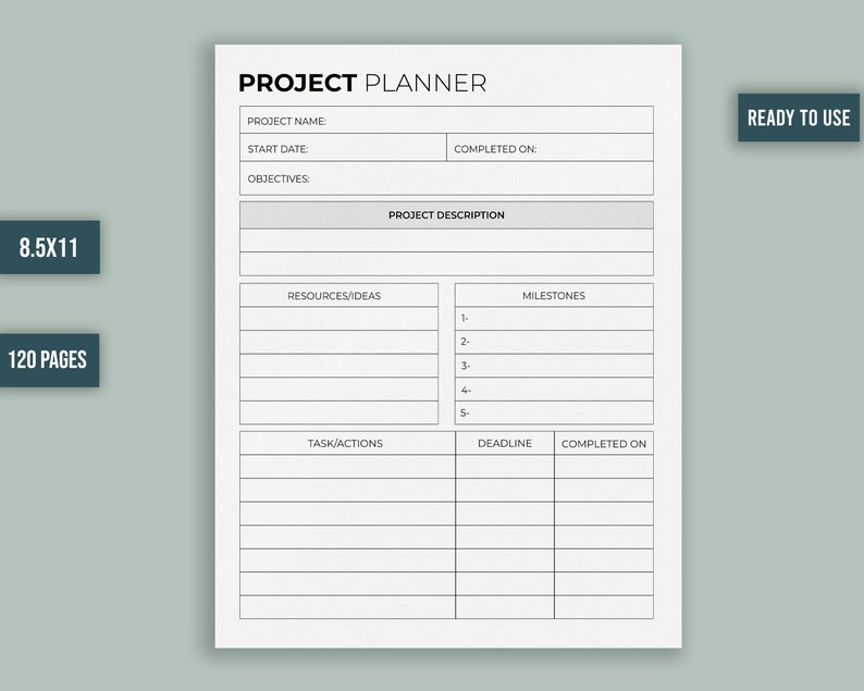 Project Planner 8.5x11inches Printable Template Ready to Upload PDF ...