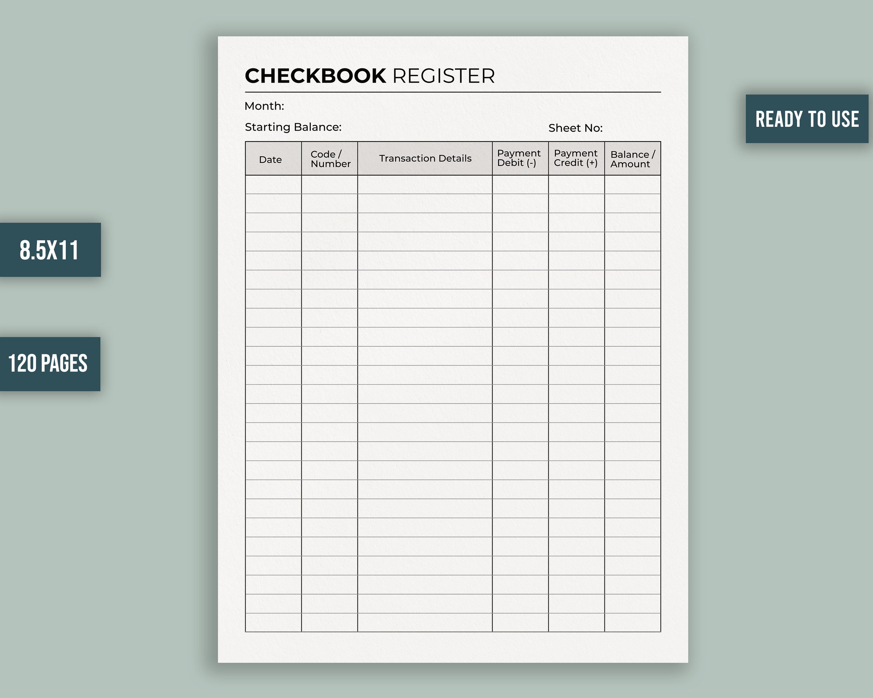 Transaction Register Pdf Checkbook Register Transaction Register 8.5X11 Inches 120 Pages Ready ...
