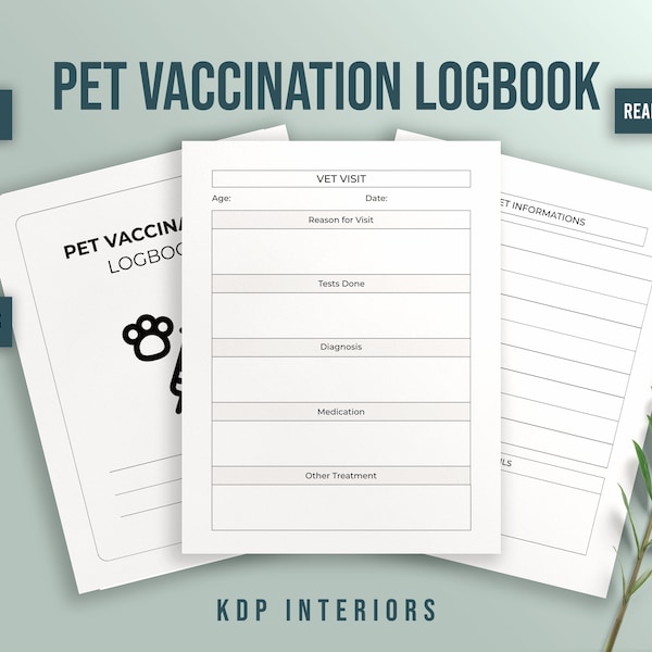 Pet Vaccination Log Book KDP Interior Commercial Use Ready to Upload PDF KDP Planner Kdp Template 120 Pages 8.5x11 Inches