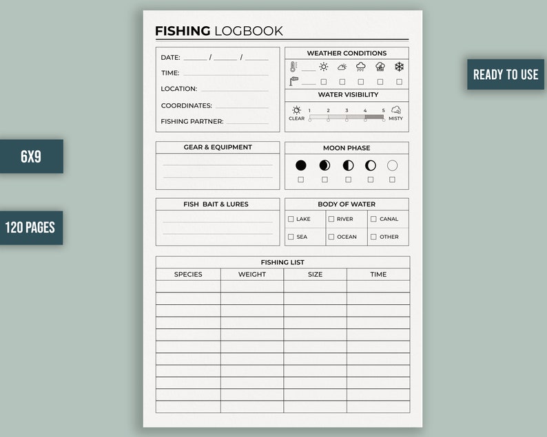 Fishing Logbook 6x9 Inches Ready to Upload PDF Commercial Use KDP ...