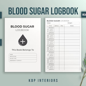 Może przedstawiać: Czarno-biały, drukowany dziennik poziomu cukru we krwi z ikoną kropli krwi i tekstem "BLOOD SUGAR LOGBOOK". Dziennik zawiera sekcje na datę, godzinę, przed, po, wagę i notatki. Ma rozmiar 15,24 cm x 22,86 cm i zawiera 120 stron.