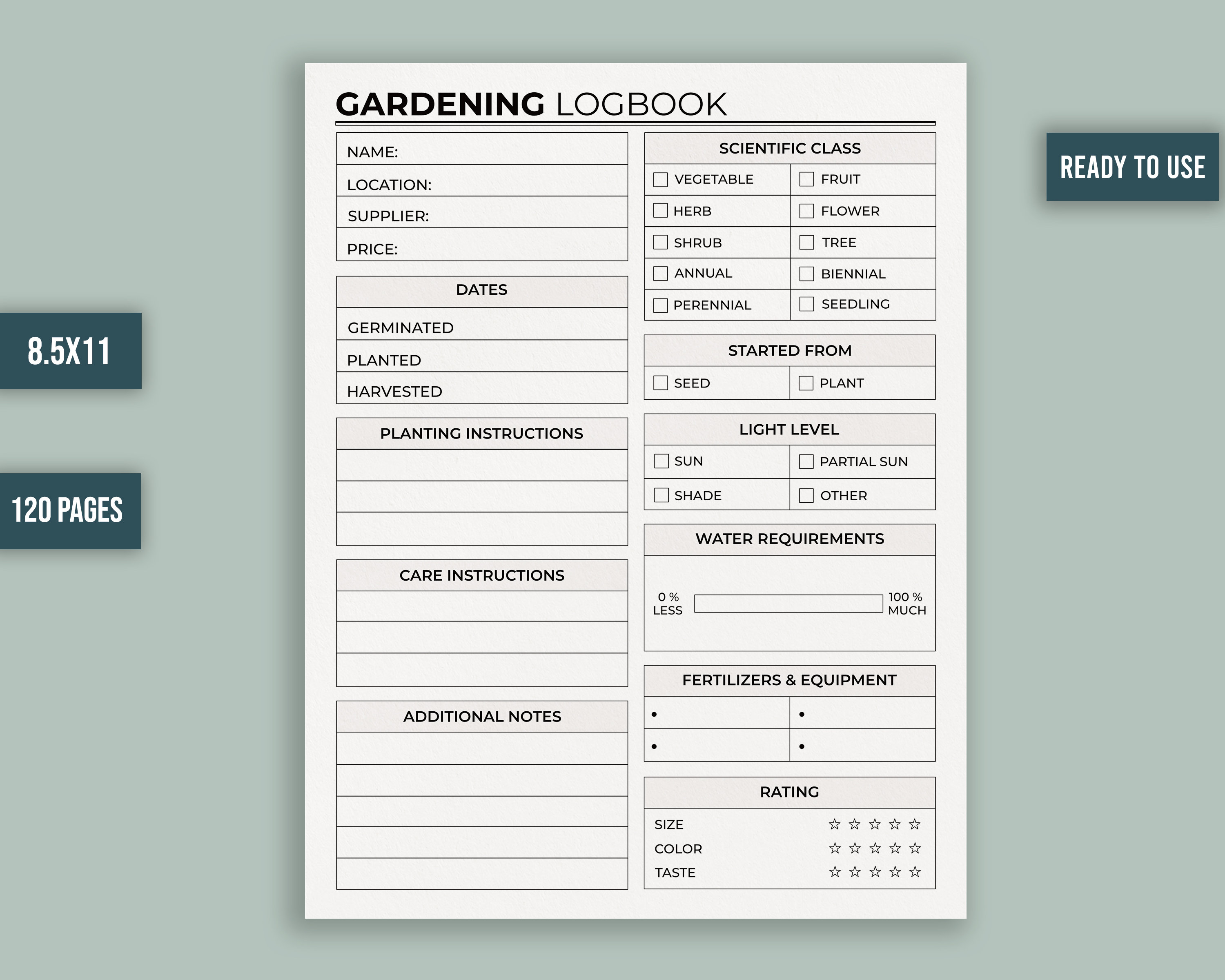 Gardening Logbook, Garden Planner, Gardening Organizer 8.5x11 Inches 120 Pages Ready to Upload ...