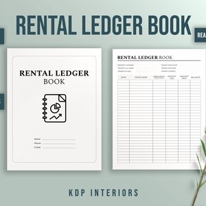 Op de afbeelding: Een zwart-wit printbaar huurboek met een omslag met een notitieboekpictogram met een grafiek en een pijl omhoog. Het boek is 8,5 x 11 inch en heeft 120 pagina's. De tekst "RENTAL LEDGER BOOK" staat in vetgedrukte letters bovenaan de omslag. De tekst "READY TO USE" staat rechtsboven op de omslag.