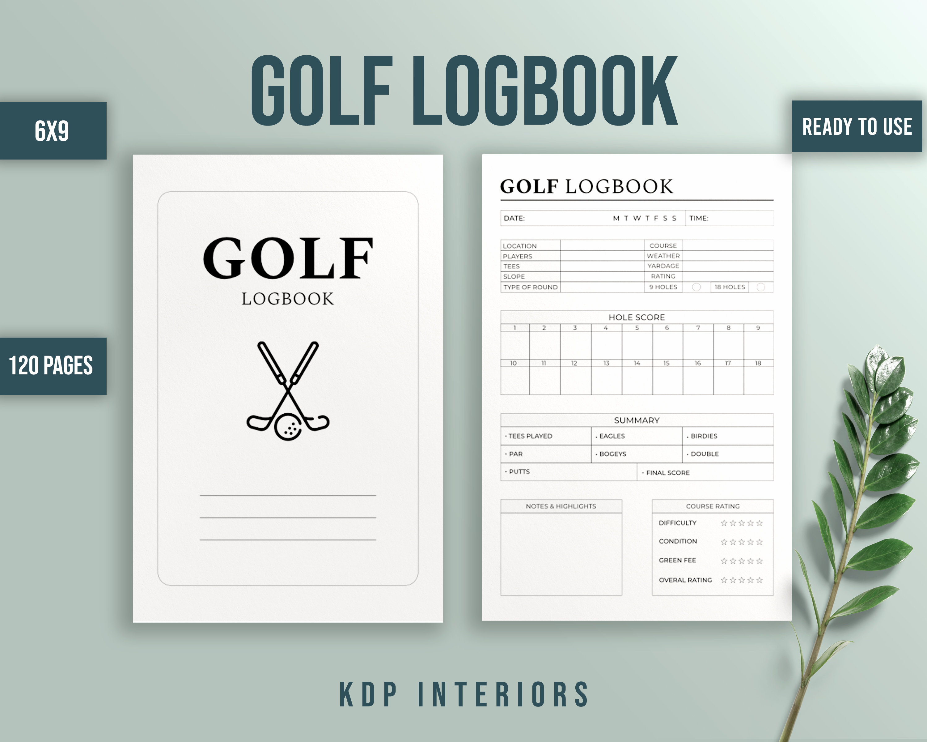 Golf Log Book KDP Interior Template 6x9 Inches 120 Page Ready to Upload with Bleed Commercial