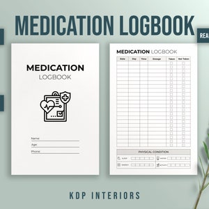 Puede incluir: Un libro de registro de medicamentos imprimible en blanco y negro con un icono de corazón y un signo más. El libro de registro tiene secciones para la fecha, el día, la hora, la dosis, tomado y no tomado. También incluye una sección para la condición física con casillas de verificación para el sueño, la energía, el agua y la actividad.