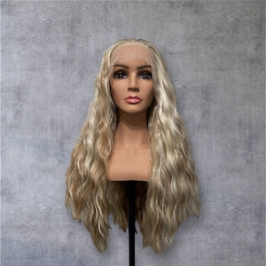 Long Blonde Wavy Wig, Fantasy Wig, Cosplay Wig. Lace Front Wig, Fairy Wig, Mermaid Wig, Synthetic Wig, Viking Wig,