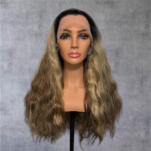 Long Dark Blond Wig with Blonde Highlights and very Dark Shadow Roots, Lace Front Wig, Synthetic Wig, Fantasy Wig, Cosplay Wig