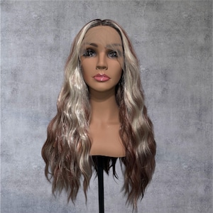 Long Wavy Auburn Wig with Blonde Highlights, Fantasy Wig, Cosplay Wig. Lace Front Wig, Fairy Wig, Mermaid Wig, Synthetic Wig, Viking Wig,