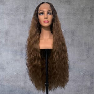 Very Long Medium Brown Wavy Wig with Long Shadow Roots, Lace Front Wig, Synthetic Wig, Fantasy Wig, Cosplay Wig
