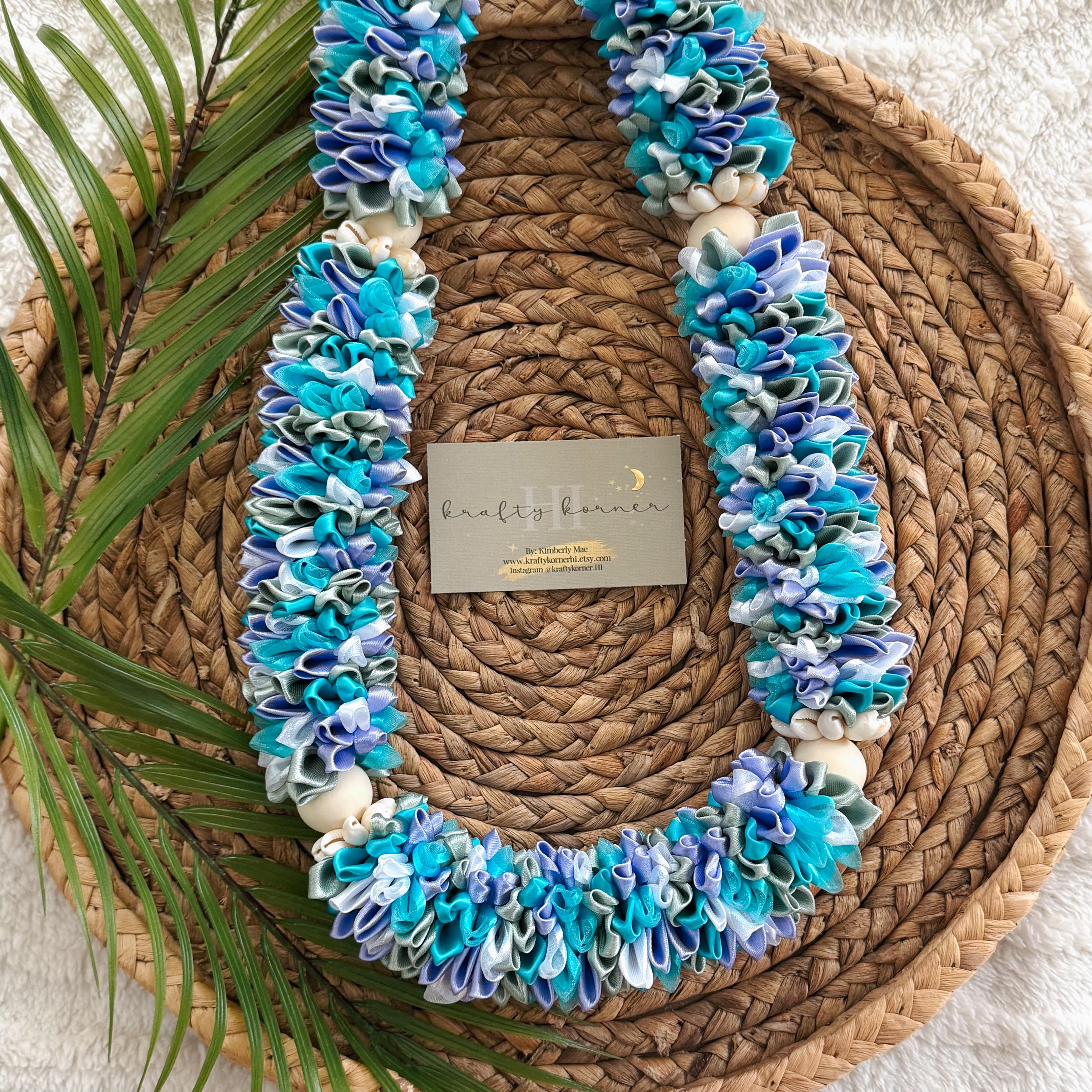 Light Purple/aqua Blue/sage Green and White Ribbon Flower Lei With ...
